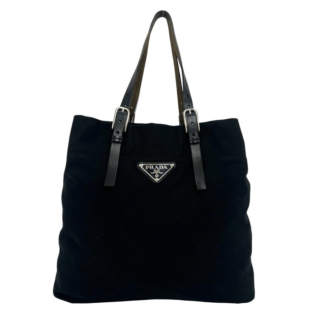 PRADA Prada Triangle Logo Hardware Canvas Leather Genuine Tote Bag Semi Shoul...